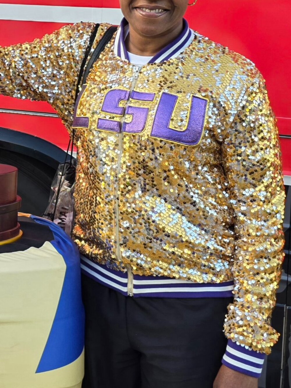 Pre Owned LSU Louisiana State University Gold Sequin Upcycled Anna Kaci Jacket - Picture 5 of 5
